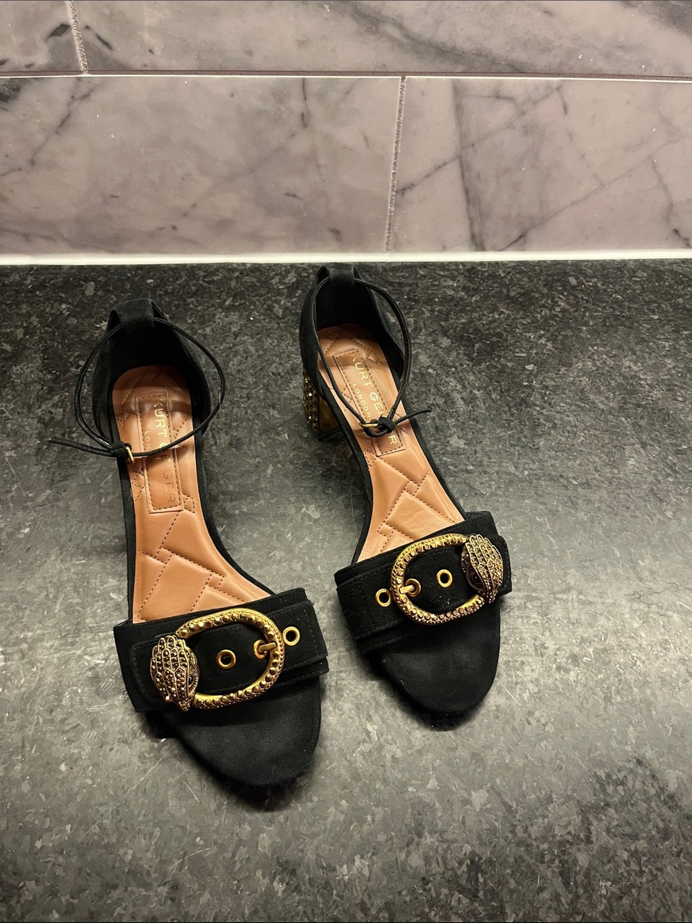 Elegant Black Women's KURT GEIGER Ankle-Strap Sandals with Gold Buckle